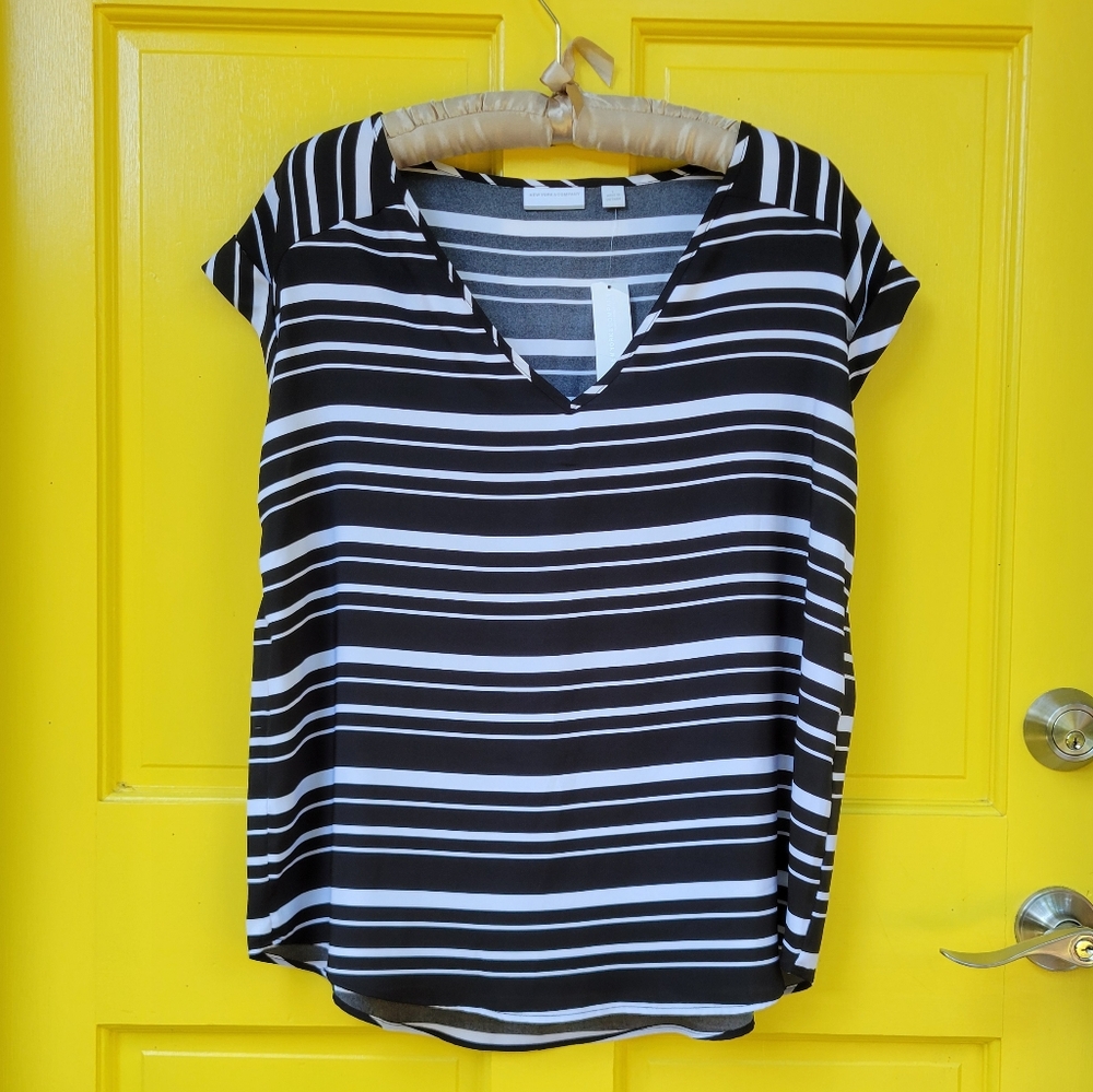 NWT NY & Company Black White Striped V-Neck Blouse L